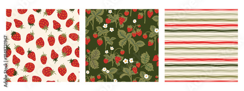 Vintage red green seamless pattern set strawberry polka dot print fabric wallpaper wrapping paper