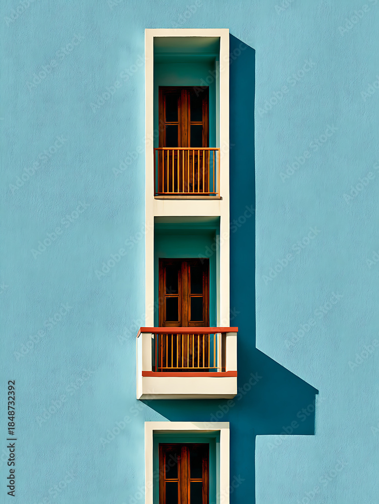Fototapeta premium A blue architectural wall with a balcony in the center, natural light
