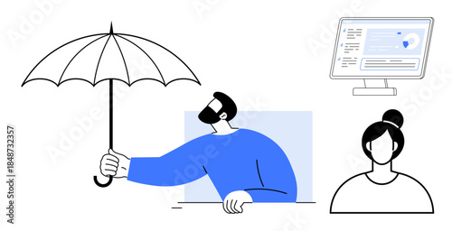 Data protection, insurance, online security, personal safety, financial coverage, modern technology. Person holding umbrella, computer screen and silhouette. Data protection and insurance concept