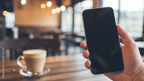 Hand holding a smartphone with a coffee and blurry cafe background