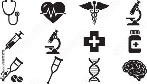 Twelve essential black medical and healthcare icons set
