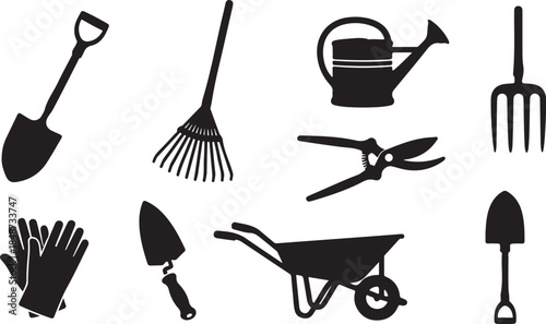 Collection of essential black silhouette gardening tools