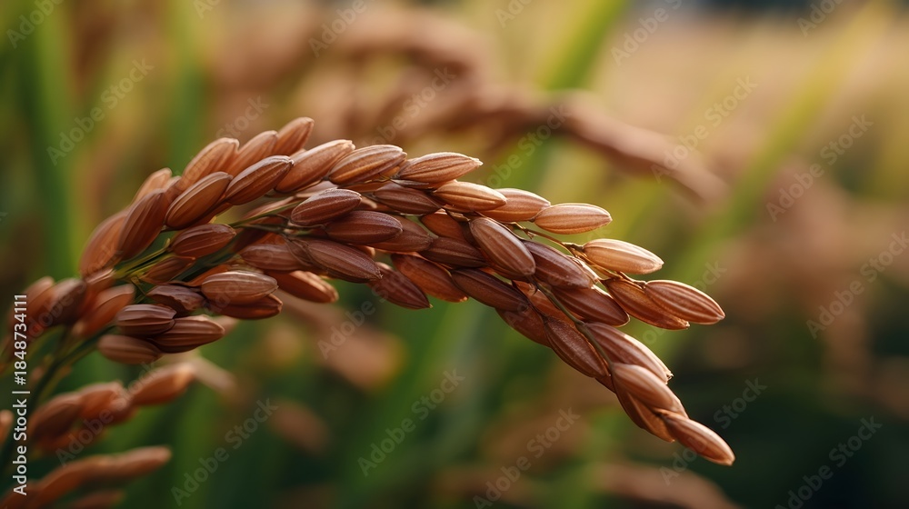 Naklejka premium Close up of ripe brown rice grains on a stalk illuminated by the warm glow of golden hour light during harvest