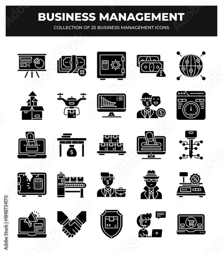 Collection of 25 Business Management Icons:  Finance. Strategy. and Teamwork Visuals
