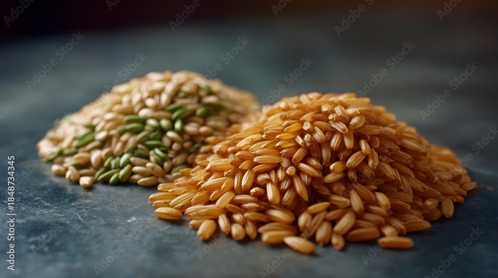 Obraz premium Close up of two distinct piles of natural raw grains one golden brown the other featuring green elements on a dark textured surface