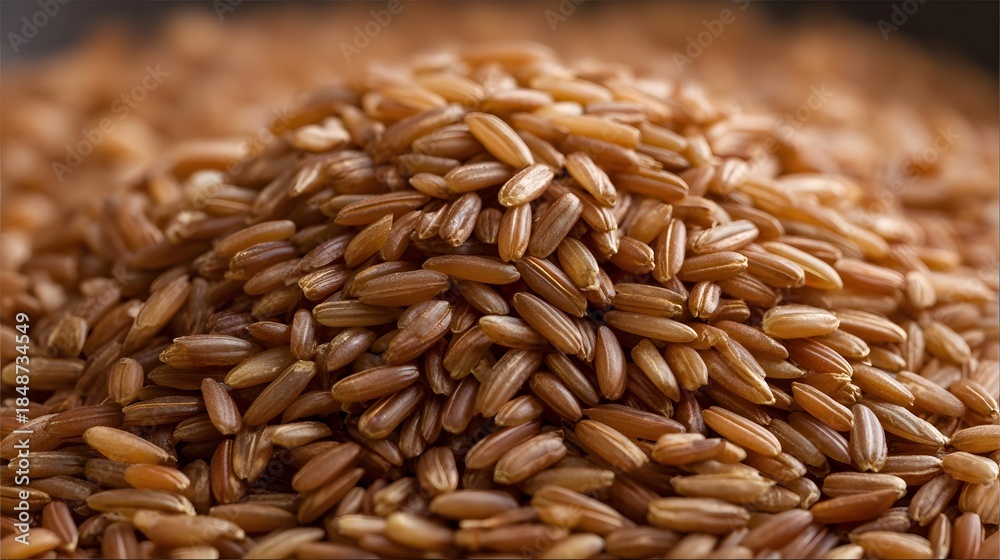 Obraz premium Detailed close up of a generous pile of uncooked whole brown rice grains showcasing their natural texture and earthy tones