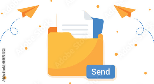 File sharing and document sending concept with folder, paper airplane, digital transfer, online communication, flat illustration