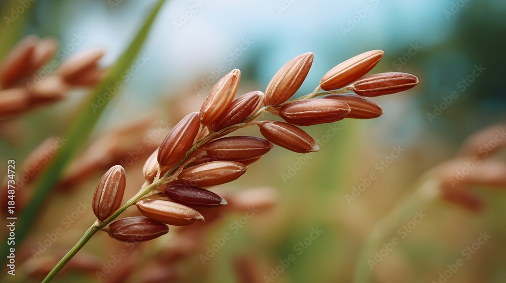 Naklejka premium Close up of a brown rice stalk with textured grains set against a soft natural blurred background highlighting organic agricultural beauty