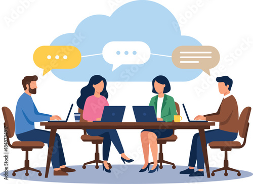Business team collaboration with cloud communication concept, professionals working on laptops, online meeting, teamwork, digital discussion illustration