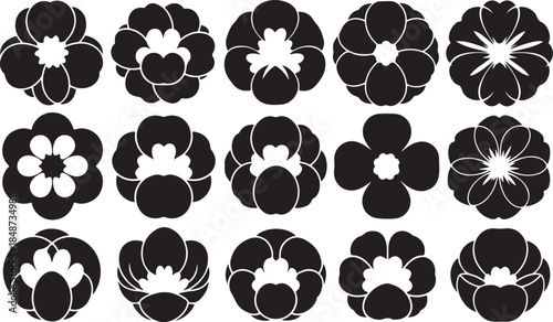 Fifteen black and white stylized floral icons