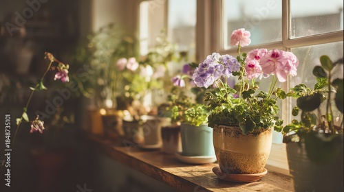Wallpaper Mural Geraniums in Flowerpots on a Windowsill with Soft Sunlight and Interior Background Torontodigital.ca