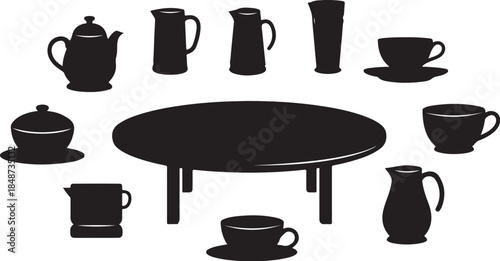 Tea party service items surrounding a table
