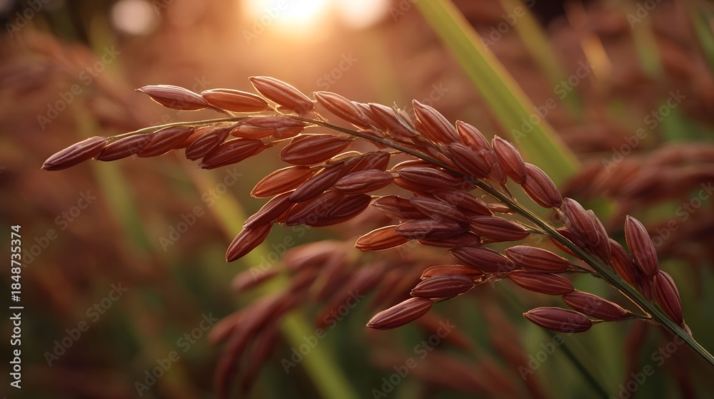 Naklejka premium Close up of a mature reddish brown rice stalk bathed in warm sunset golden light