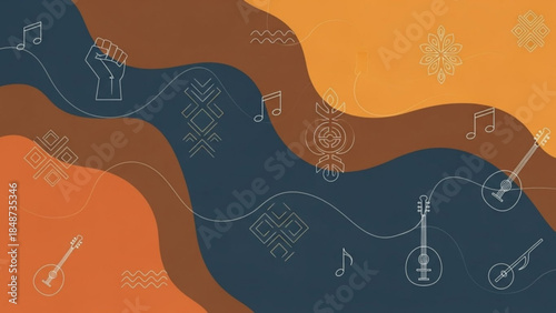 Vibrant abstract illustration of musical instruments and symbols on wavy orange and blue background