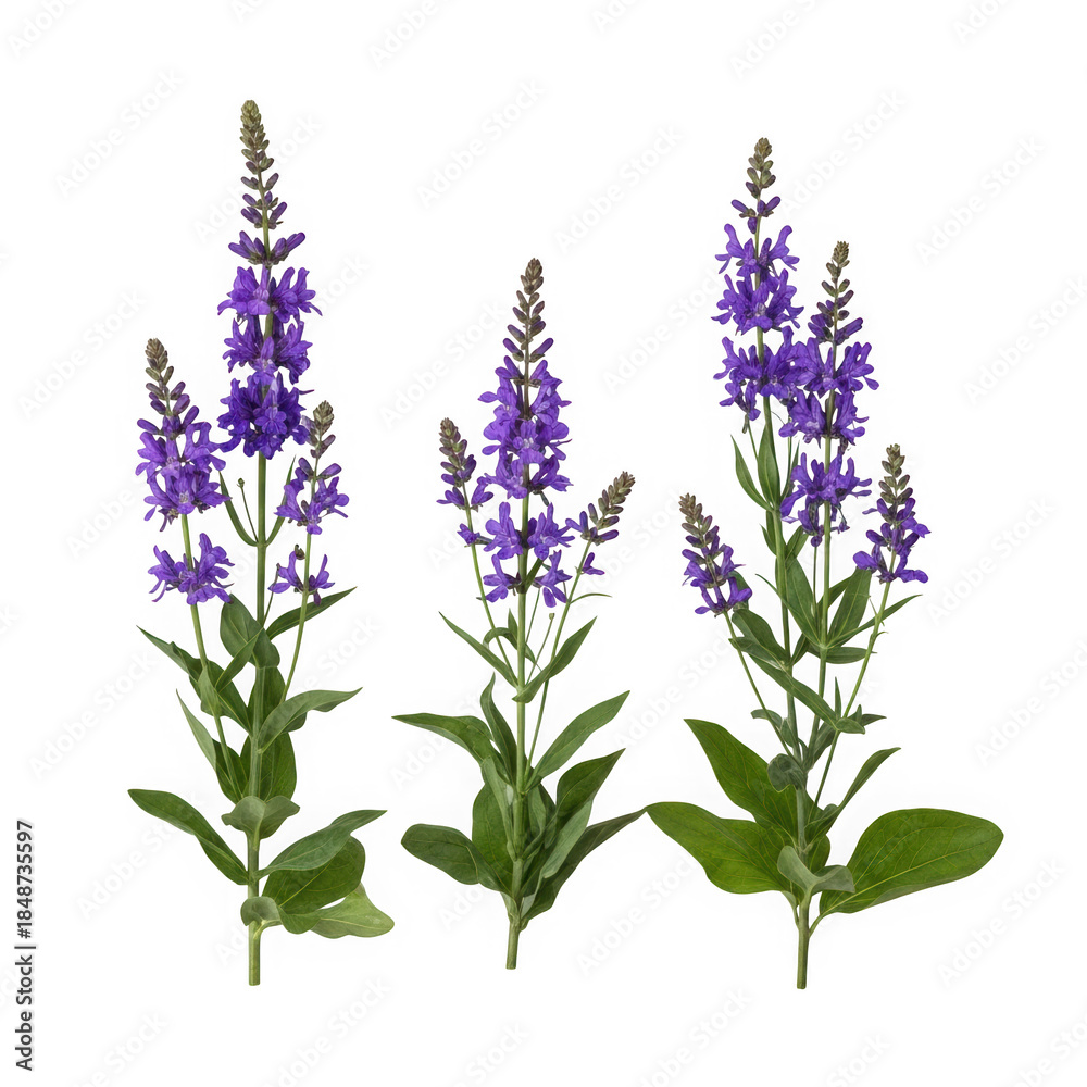 Obraz premium Three stems of purple flowers with green leaves isolated on transparent background