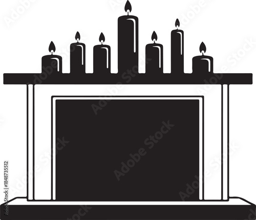 Black and white of a fireplace with lit candles on the mantel