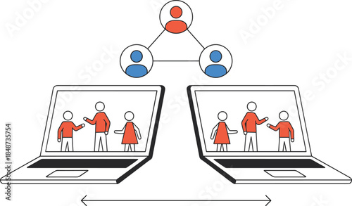 Remote team collaboration illustration showing virtual meetings between groups on laptops, connected leadership structure, and digital communication for modern online business