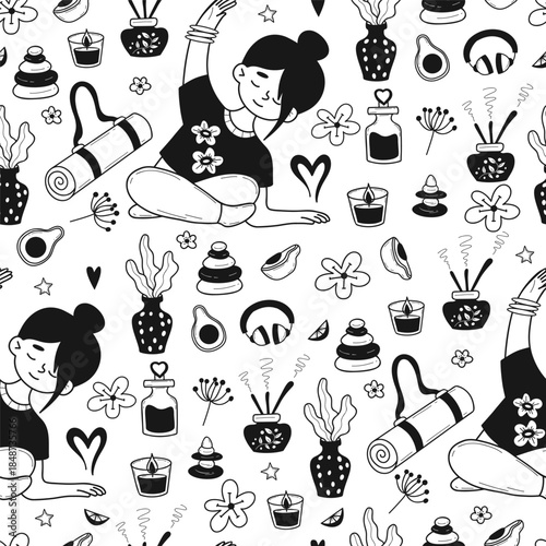 Seamless Yoga Wellness Doodle Pattern. Woman in asana Stretching, Fitness and Sports Accessories on White Background. Repeating Monochrome Self-Care Texture. Hand-drawn Vector Illustration. Not AI