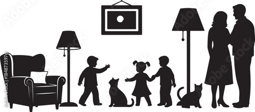 Family life silhouettes in a cozy living room setting