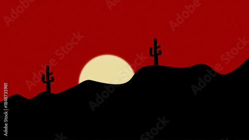 Minimalist desert sunset silhouette with cactus and sun.