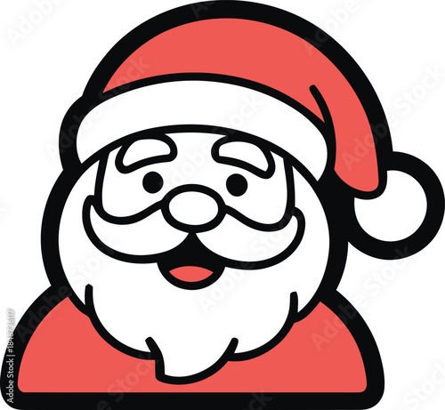 A cheerful cartoon santa claus head icon with red hat and white beard smiling brightly for christmas holiday