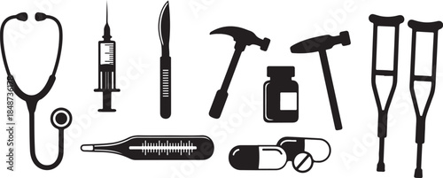 Medical and injury repair tool icons set