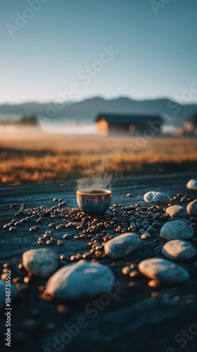 Morning Still Life Warm Golden Hued Coffee Cup Steaming on a Rocky Surface with a Cabin and Misty Mountains Background
