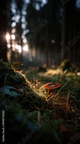 Mushroom Growing on Mossy Forest Floor with Sunrays and Bokeh in Dark Woods