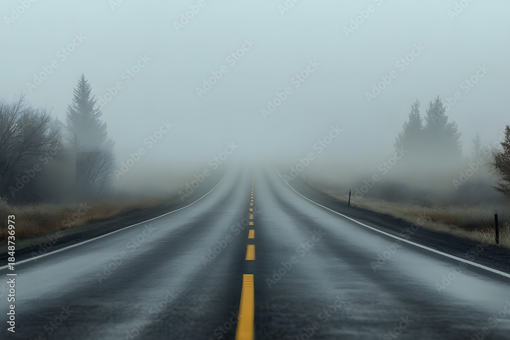 Fototapeta premium Lone road vanishes into thick morning fog.