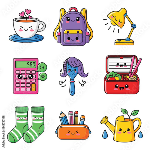 Cute cartoon stationery and school supplies with smiling faces