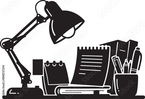 Desk lamp illuminates study and writing supplies icon