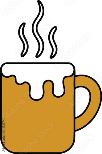 A simple icon illustration of a steaming mug filled with a warm beverage and foam