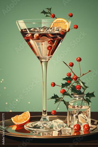 Vintage Christmas classic cocktails. Retro Mid century style festive drink illustration