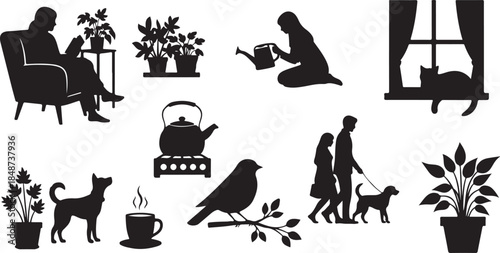 Cozy domestic life and outdoor scenes silhouettes