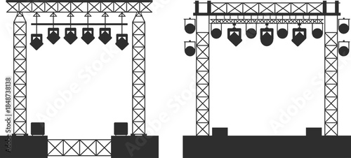Stage lighting truss systems for concerts, event production, theatrical performances, professional rigging setup, metal framework, suspended lights, speaker equipment, indoor stage design