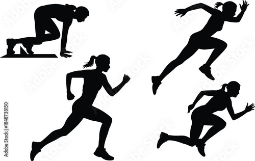 Female runner silhouette showing sprint start, mid‑stride motion, jumping action, dynamic athletic movement, fast running poses in modern vector style