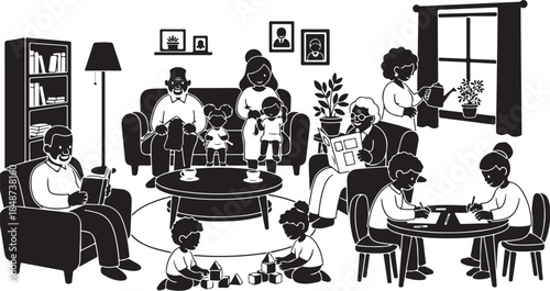 Multigenerational family enjoying quiet time indoors