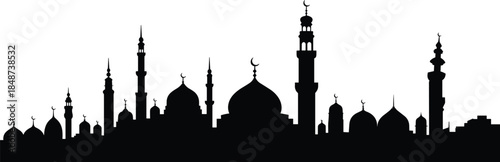 Islamic cityscape silhouette with mosque domes, minarets, crescent symbols, cultural skyline, religious architecture, Middle Eastern vector design elements