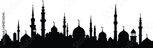 Islamic skyline silhouette with mosque domes, tall minarets, crescent symbols, cultural architecture, religious cityscape, Middle Eastern vector design elements