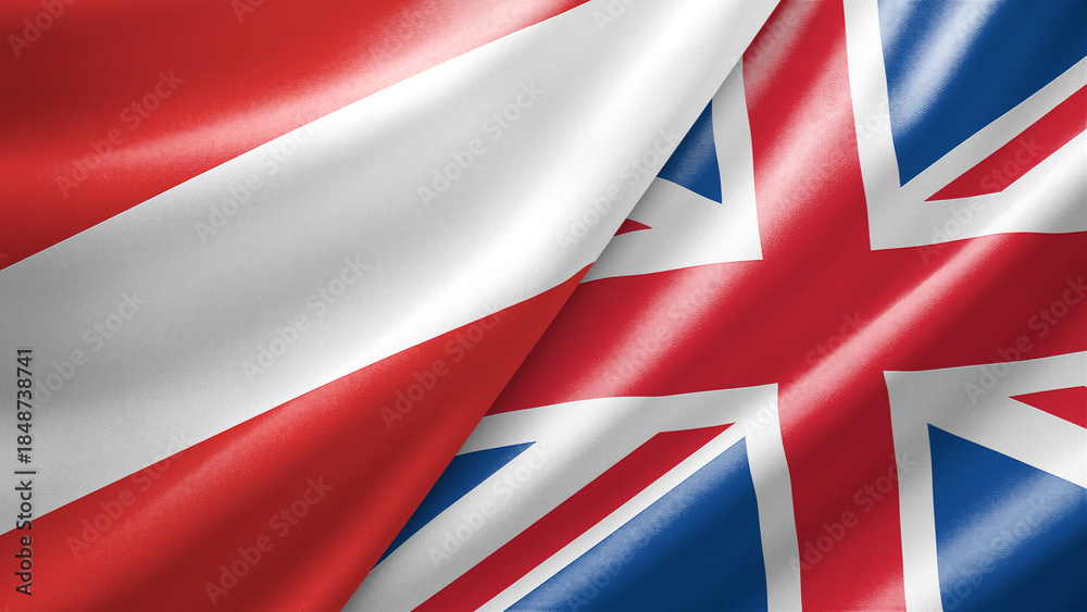 Fototapeta premium Austria and United Kingdom two national flags filling the entire frame, close-up view, edge-to-edge composition