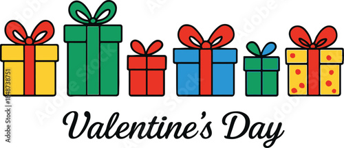 Valentine's Day Gift Boxes in Bright Colors with Ribbons, Presents, Festive Mood, and Hearts