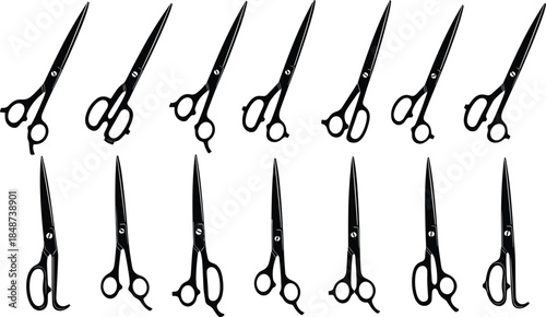 Black scissors silhouette set isolated on white background, cutting tool icons collection, sharp blades, minimal vector illustration design