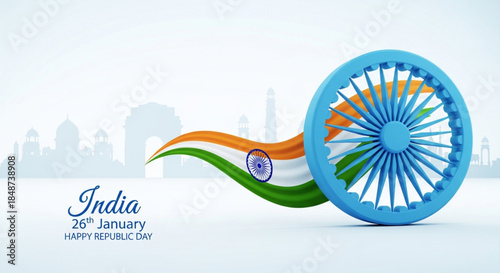 26 Th January Indian Republic Day Banner Template Design With Indian Flag And Silhouette Of Indian Monument. Happy Indian Republic Day Celebration Poster. 