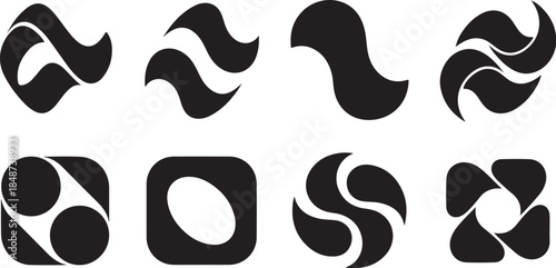 Eight abstract black shape logo design elements