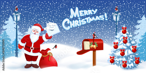 Santa with envelope and red mailbox and Christmas tree against winter forest background.