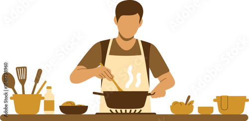 Man cooking food in pan at kitchen stove with steam rising from dish, surrounded by utensils and bottles