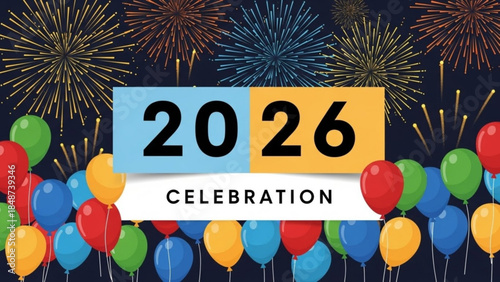 Vibrant 2026 celebration scene with colorful balloons and fireworks at night