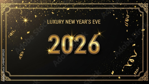 Luxury new year's eve celebration background with gold decorations and confetti on black for 2026