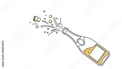 A champagne bottle with a cork popping off, surrounded by festive splashes and bubbles, symbolizing celebration and joy in a minimalist line art style