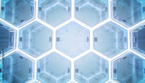 Modern abstract design featuring hexagonal shapes with glowing edges in a futuristic arrangement